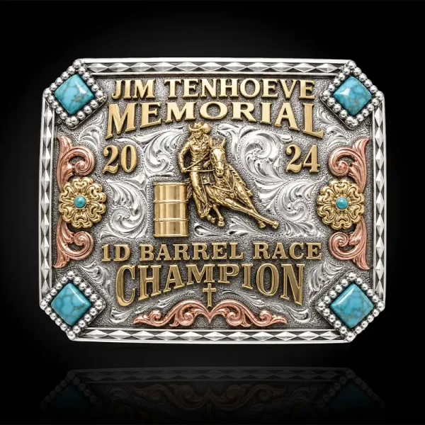 A custom rodeo belt buckle trophy  for Jim Tenhoeve Memorial 1D Barrel Race Champion featuring a cowgirl figure